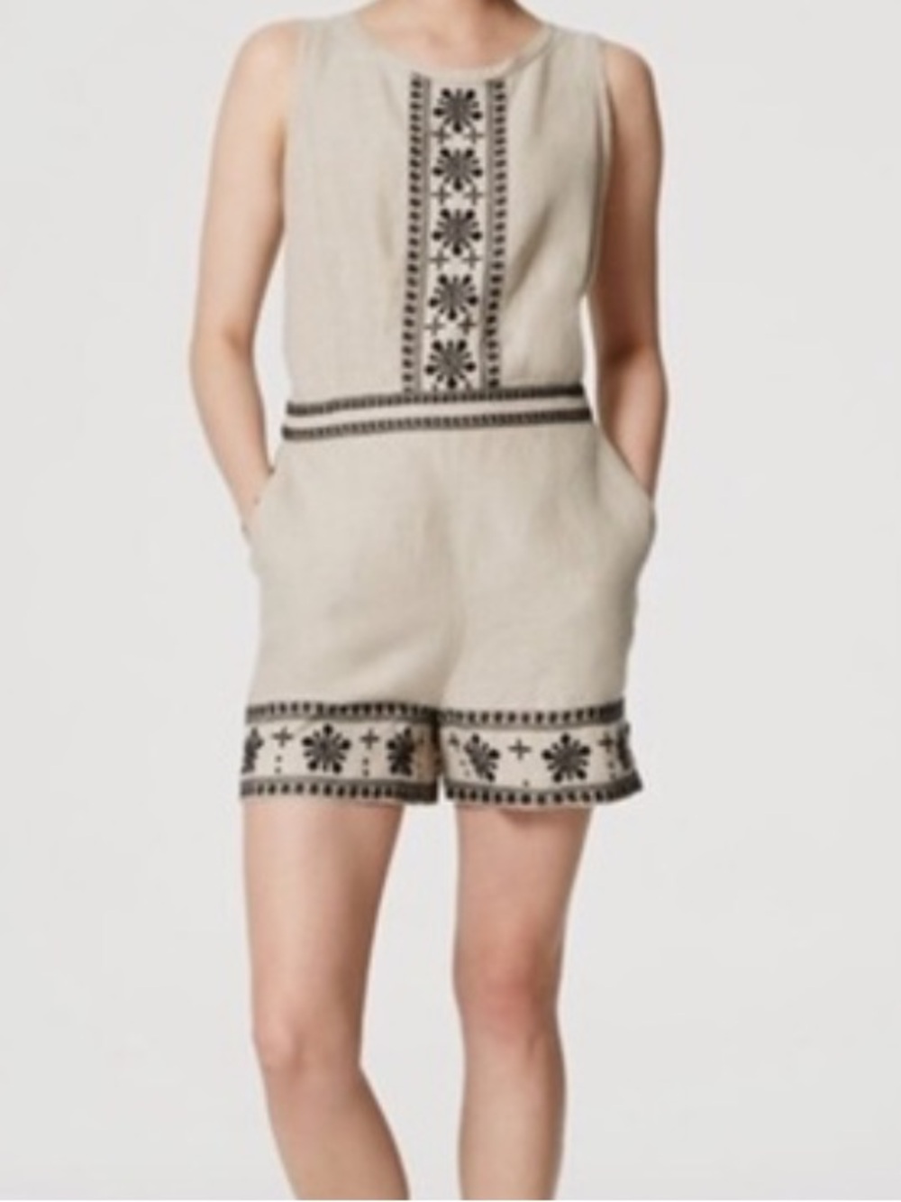 LOFT 100% Linen Embroidered Sleeveless Romper Size 14 Boho Beige Black Pockets